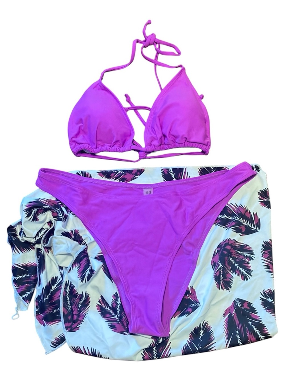 Bright Magenta Triangle Bikini Set with Palm Print Cover-Up Size XL NWOT